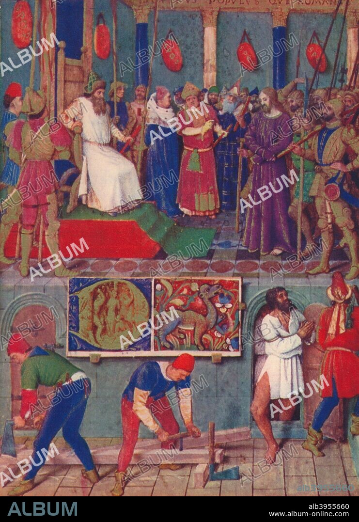 'Jesus Before Pontius Pilate', c1455, (1939). In all four gospel accounts, Pilate lobbies for Jesus to be spared his eventual fate of execution, and acquiesces only when the crowd refuses to relent. He thus seeks to avoid personal responsibility for the death of Jesus. The illustration is part of the manuscript Livre d'heures d'Etienne Chevalier by Jean Fouquet. Forty pages of it (including this work) are held by the  Musee Conde, Chantilly, France. From Verve - Nos. 5-6, July-October 1939. [Verve, France, 1939].