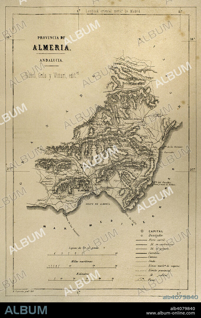 Mapa de la provincia de Almería, Andalucia, España. Crónica General de España, Historia Ilustrada y Descriptiva de sus Provincias. Andalucía, 1869.