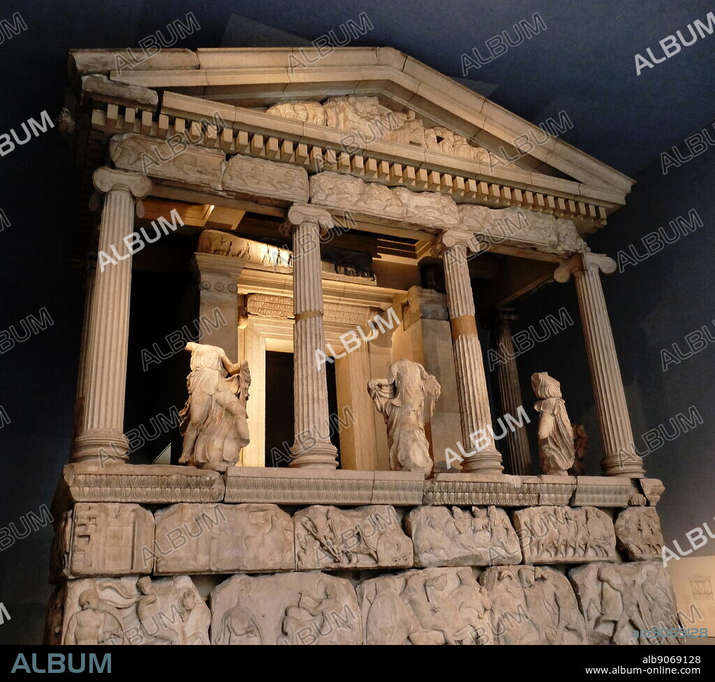 The Nereid Monument is a sculptured tomb from Xanthus in classical period Lycia, Turkey. It took the form of a Greek temple on top of a base decorated with sculpted friezes, and is thought to have been built in the early fourth century BC as a tomb for Arbinas, the Xanthian dynast who ruled western Lycia.