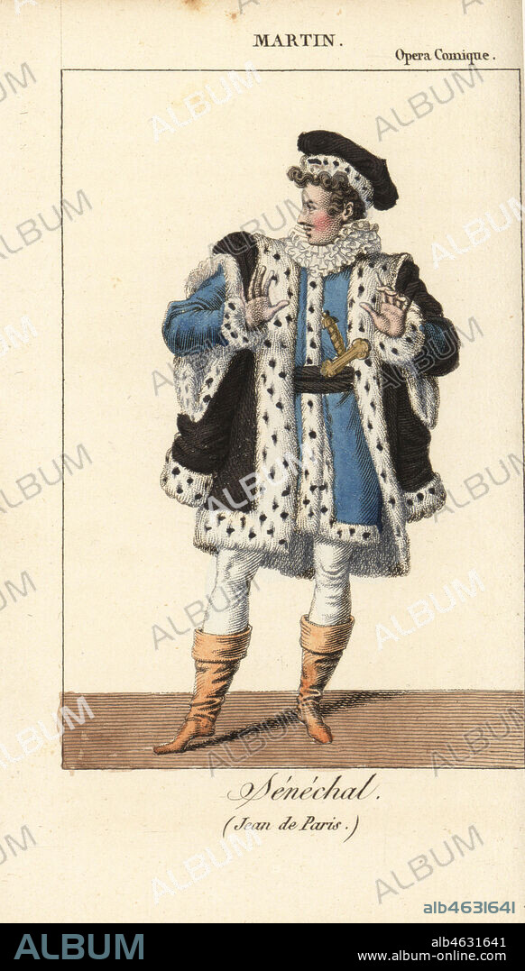 French opera tenor Jean-Blaise Martin 1768-1837 as Senechal in the comic opera Jean de Paris by Francois-Adrien Boieldieu at the Opera Comique, Paris. Handcoloured copperplate engraving from Charles Malo's Almanach des Spectacles par K. et Z, Chez Janet, Paris, 1818.