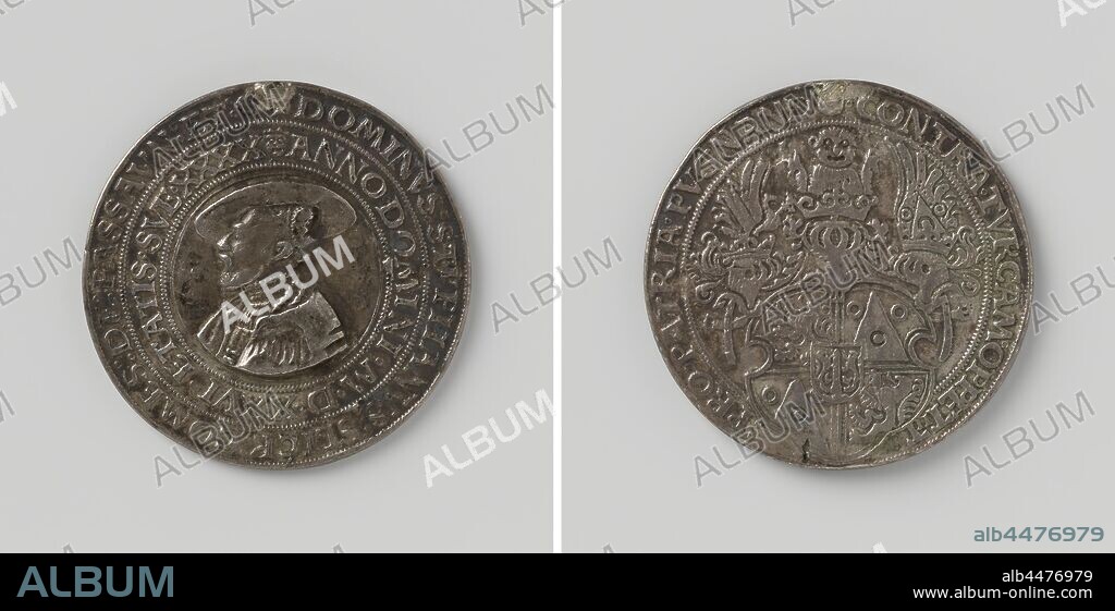 Stephan Schlick, Count of Passau, fallen in the Battle of Mohacs, Silver Medal. Front: man's bust piece with hat inside two-line circumference. Reverse: coat of arms within a circle, Mohács, Stephan Schlick (Count of Passau), Michael Hohenauer, Praag (possibly), 1526, silver (metal), striking (metalworking), d 4.2 cm × w 25.70 gr.