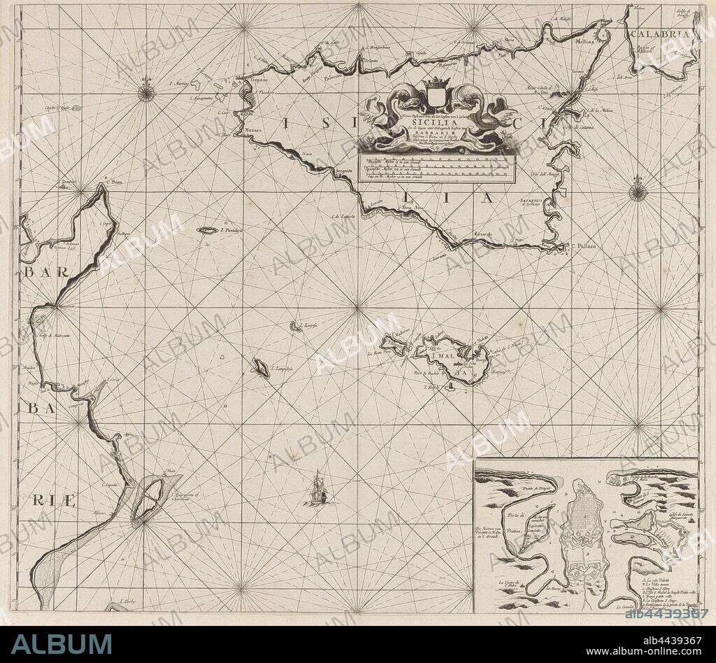 Map of the islands of Sicily and Malta and a part of the coast of Tunisia New pass of the sea coasts of the land of Sicily and the coasts of Barbaria between C. Bona and I. Zerby. (title on object), Map of the islands of Sicily and Malta and part of the coast of Tunisia, with an inset from the port of Valetta on Malta, with two compass roses, the North is above. At the top center the title, the address of the publisher and the scale, shown in German, Spanish and English or French miles (scale: c. 1: 900 000), decorated with two fish, fishes, Tunisia, Sicily, Malta, Jan Luyken (rejected attribution), Amsterdam, 1682 - 1803, paper, etching, h 513 mm × w 591 mm.