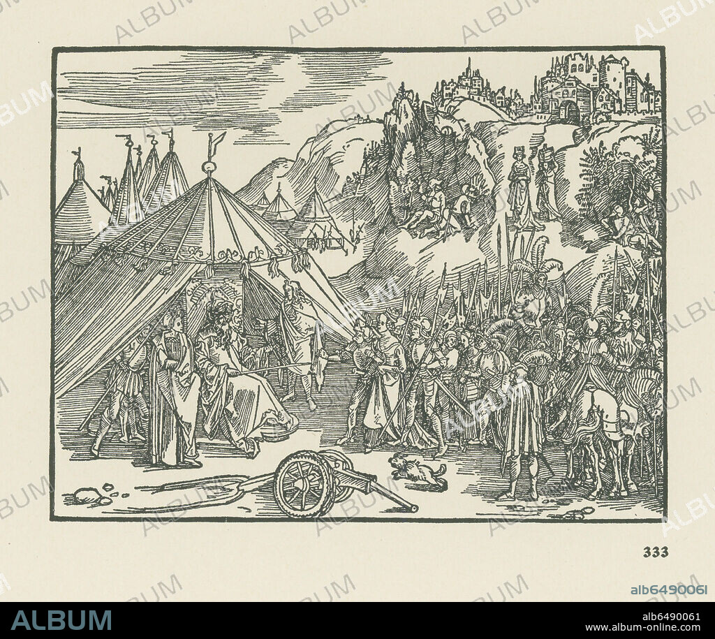 ALBRECHT DüRER. Judith is taken to the camp of Holofernes. From Beschlossen Gart des rose(n)krantz marie by Ulrich Pinder. Printed by Sodalitas Celtica, Nuremberg, 9 October 1505. 
Woodcut, 124 x 160mm. (2. volume, 6. book, fol. 44r.).