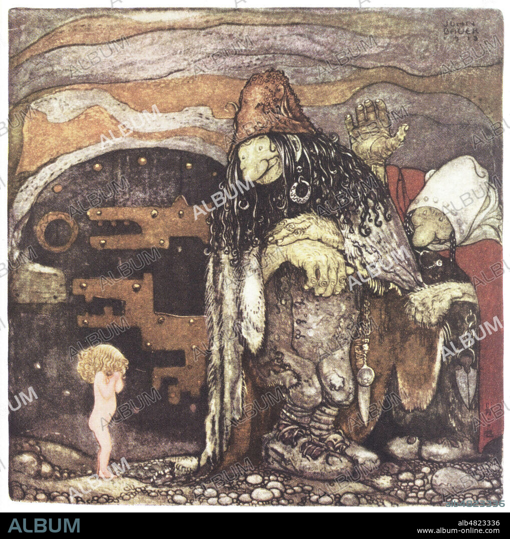 PEtite fille nue face a l'immense mere Troll in Le conte du CHANGELIN, ou l'enfant echange. Illustration de John BAUER (1882-1918) vers 1910 pour "Parmi les gnomes et les trolls" (Bland Tomtar och Troll) anthologie annuelle de contes suédois. Credit Collection Kharbine Tapabor.