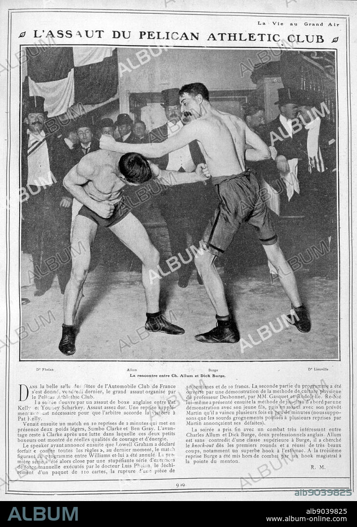 Charlie Allum (Left) fights Nick Burge (right) at a Boxing match, Paris, France 1905. Charlie Allum (1876-1918) Champion of England. Dick Burge (1865 - 1918), reigned as British Lightweight Champion from 1891 to 1897. After he retired in 1900 he became a promoter of boxing.