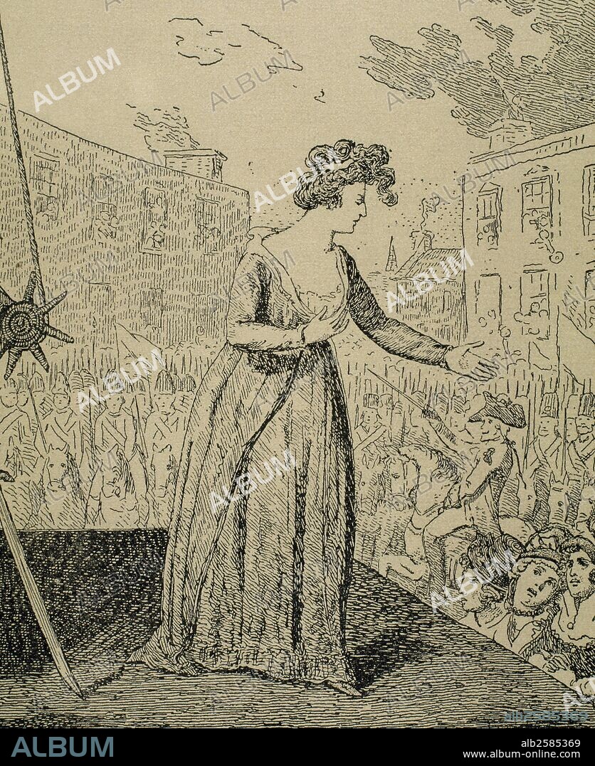 MARIA ANTONIETA. (Viena, 1755-París, 1793). Esposa de Luis XVI y reina de Francia (1774-1792). Desde el inicio de la Revolución Francesa fue la máxima representante de la aristocrácia conservadora. El 16 de octubre de 1793 fue juzgada y condenada. "EJECUCION DE MARIA ANTONIETA". Dibujo de la época, realizado por G. Cruitshant.