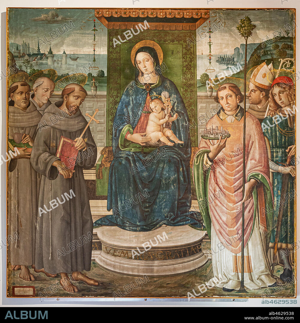 Montefalco, Museum of St. Francis: " Madonna enthroned with Infant Jesus and Saints: S. Anthony of Padua,, St. Francis of Assisi, St. Bernardino of Siena, Fortunatus, Louis of Tolosa, Severus", by Francesco Melanzio, 1498, tempera on canvas.