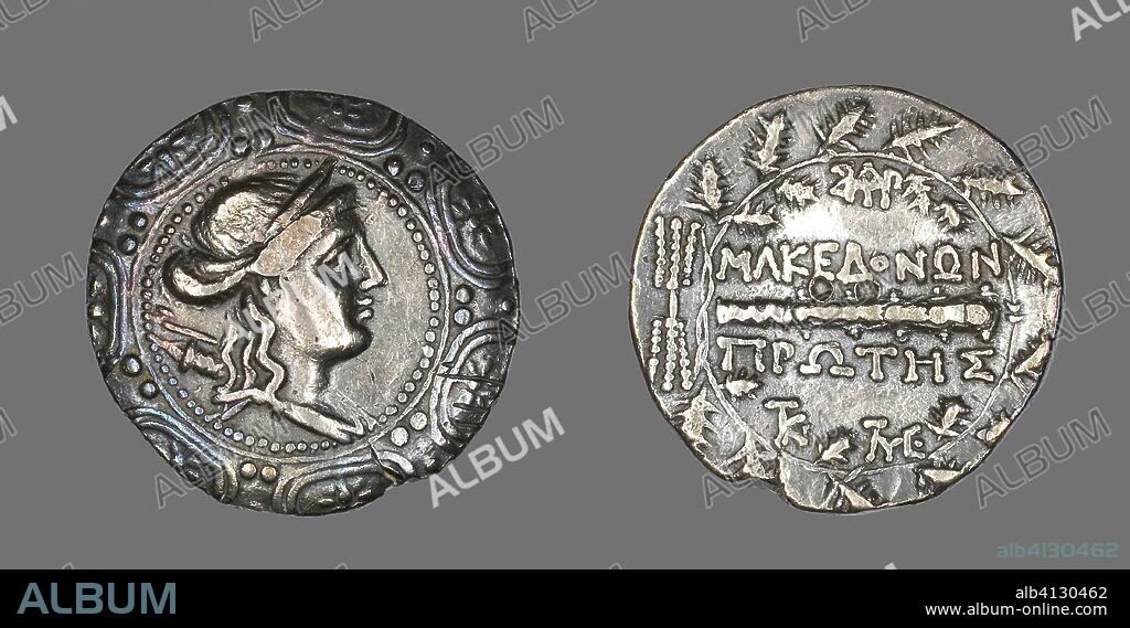 ANCIENT ROMAN. Tetradrachm (Coin) Depicting a Macedonian Shield with the Goddess Artemis. Roman, minted in Amphipolis. Date: 158 BC-149 BC. Dimensions: Diam. 3.1 cm; 16.76 g. Silver. Origin: Roman Empire.