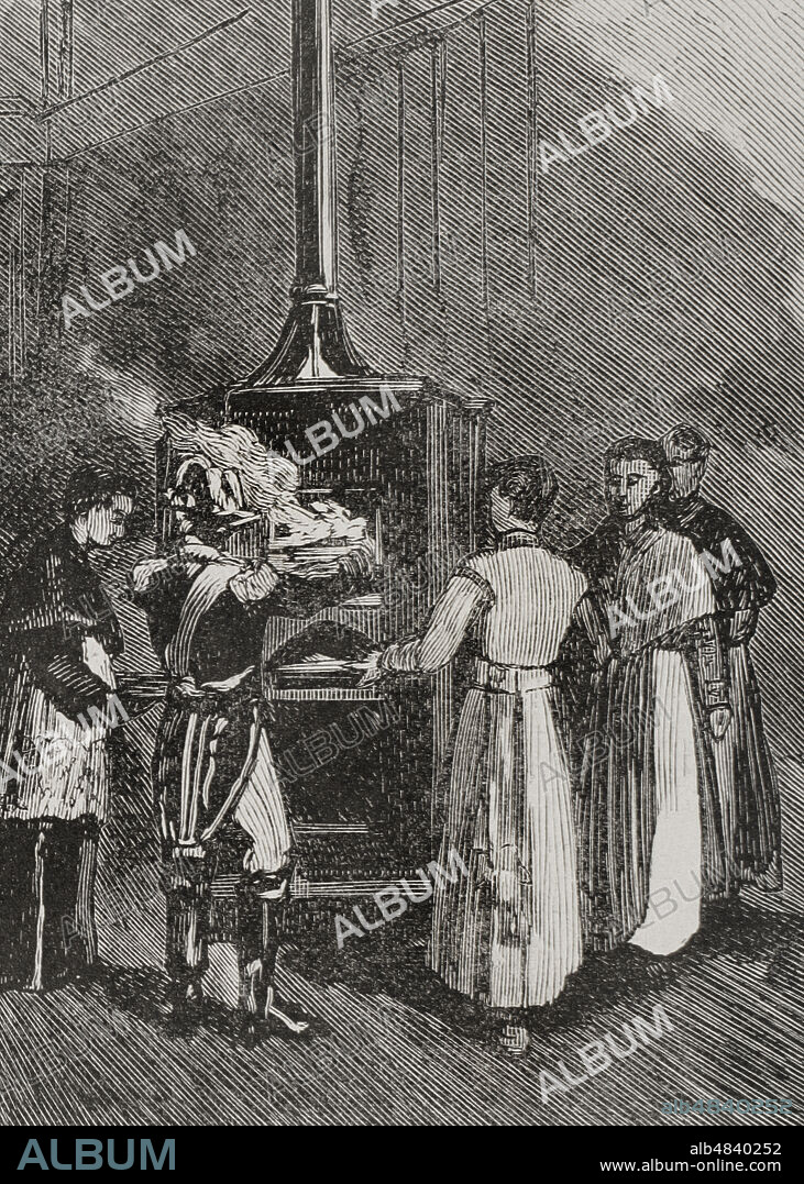 Pope Leo XIII (1810-1903). Italian pope (1878-1903). Born Vincenzo Gioacchino Pecci. The conclave for the election of Pope Leo XIII. Stove in Sistine Chapel where the ballots are burned after each scrutiny. Engraving. La Ilustración Española y Americana, 1878.