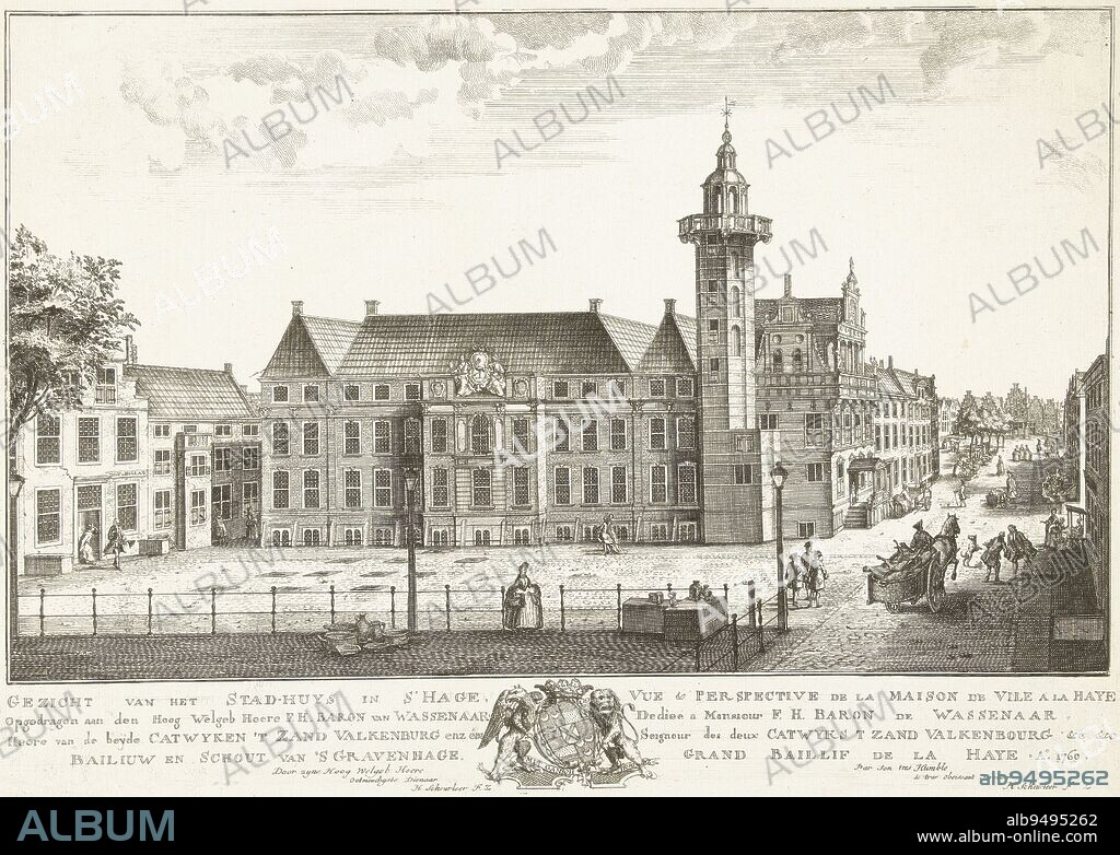 View of the Old Town Hall in The Hague, Iven Besoet (attributed to), 1760, View of the Old Town Hall on the Dagelijkse Groenmarkt in The Hague, seen from the Riviervismarkt. Below the image the title and dedication in Dutch and French, with in the center the coat of arms of the Hague bailiff and sheriff Frederik Hendrik baron van Wassenaer. Print from a series of eighteen views in and around The Hague., print maker: Iven Besoet, (attributed to), publisher: Hendrik Florisz Scheurleer, Hendrik Florisz Scheurleer, (mentioned on object), The Hague, 1760, paper, etching, engraving, h 300 mm × w 427 mm.
