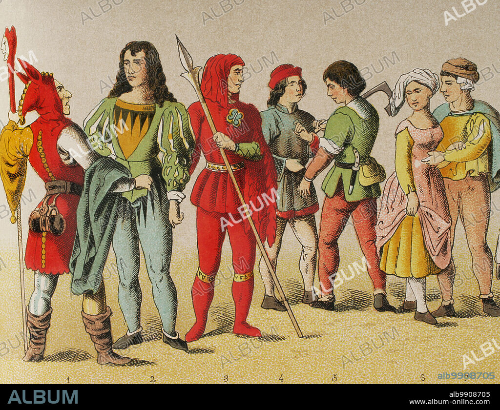 History of Germany. Middle Ages. 1450-1500. From left to right, 1: jester, 2: knight, 3: bailiff, 4: citizen, 5: carpenter, 6-7: plowmen. Chromolithography. "Historia Universal", by César Cantú. Volume VII, 1881.