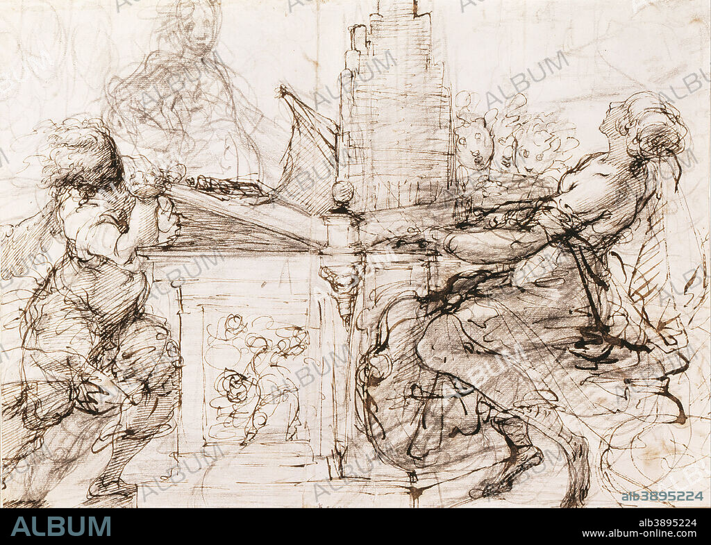 DANIELE CRESPI. St Cecilia at the Organ. Date/Period: 1620 - 1629. Drawing. Pen and brown ink, over black chalk on paper pen and brown ink, over black chalk on paper. Height: 276 mm (10.86 in); Width: 378 mm (14.88 in).