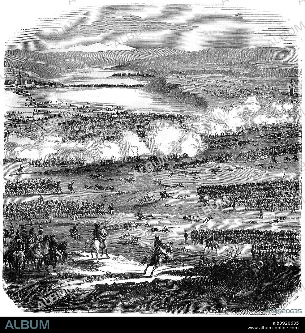 Battle of Austerlitz, 2nd December 1805 (1882-1884). Fought between the French on one side and the Austrians and Russians on the other, Austerlitz is regarded as one of Napoleon's greatest victories. French losses amounted to 8000 while the Russian and Austrian emperors, present at the battle, saw more than 27,000 men killed, wounded and captured. The defeat effectively ended the Third Coalition against Napoleon. After the plans and drawings in the department of war. A print from La France et les Français à Travers les Siècles, Volume IV, F Roy editor, A Challamel, Saint-Antoine, 1882-1884.