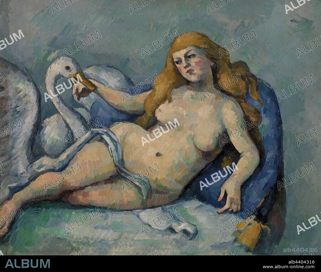 Paul Cézanne: Leda and the Swan (Léda au cygne), Paul Cézanne, c. 1880 (possibly later), Oil on canvas, This picture is unusual in Cézanne's oeuvre for its specific literary narrative. It represents the mythological story from Ovid's Metamorphoses in which Zeus disguises himself as a swan to seduce Leda, the daughter of King Thestius. This is certainly one of the artist's more overtly sensual paintings: Leda displays herself for the viewer, her hip curving dramatically, her cheeks flushed, while the swan's beak wraps around her wrist as if taking possession of her. Cézanne made two drawings in preparation for the painting, one of which shows the figure holding a champagne flute in her extended hand; the drawing derives directly from the label of a champagne bottle., Overall: 23 1/2 x 29 1/2 in. (59.7 x 74.9 cm).
