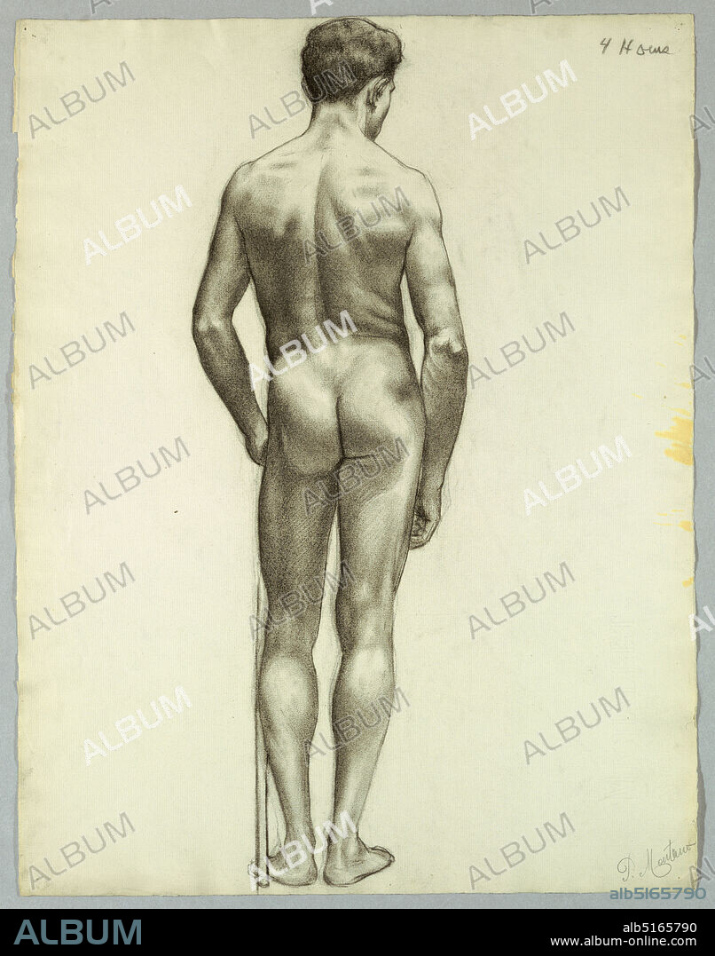 Standing male nude seen from the back, Pietro Montana, b. 1890, Charcoal on white paper., Vertical rectangle. The model restes his left hand on a staff, the upper part of which is not visible. Inscribed (in charcoal), upper right: '4 hours' and signed, lower right: 'P. Montana'., USA, ca. 1910, figures, Drawing, Drawing.
