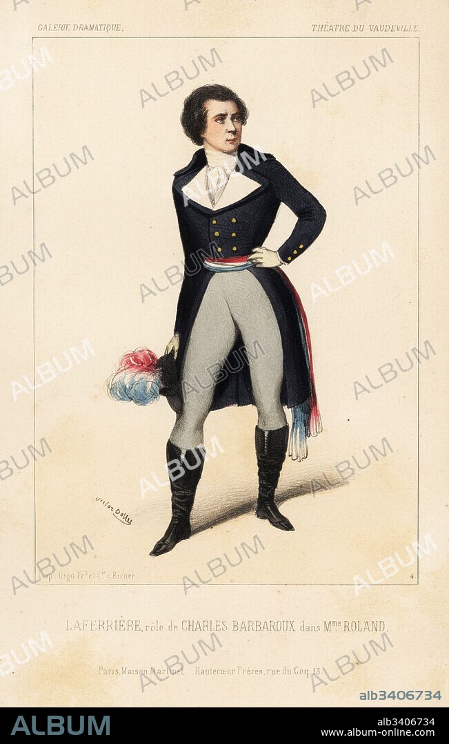 Adolphe Laferriere as Charles Barbaroux in Madame Roland by Virginie Ancelot, Theatre du Vaudeville, 1843. Handcoloured lithograph after an illustration by Victor Dollet from Galerie Dramatique: Costumes des Theatres de Paris, Paris, 1845.