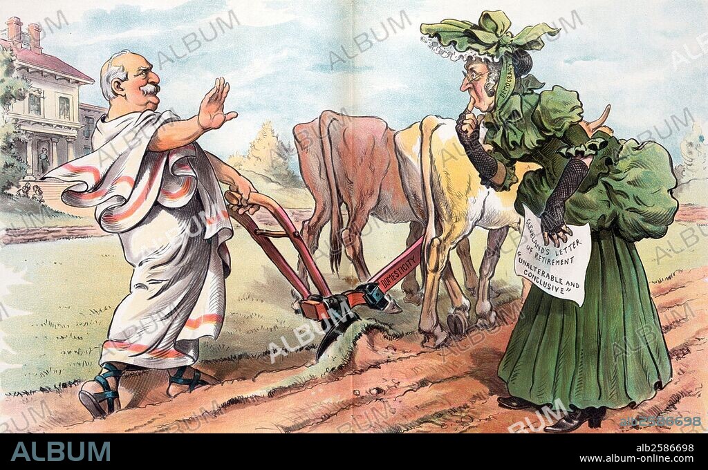 The modern Cincinnatus, who will not leave his plough' Former president Grover Cleveland as "Cincinnatus" ploughing a field, an elderly woman labelled "Democracy" is standing in the field, holding a paper which states "Cleveland's letter of retirement 'Unalterable and Conclusive'"; she is perplexed as Cleveland gestures with his right hand for her not to approach him.
