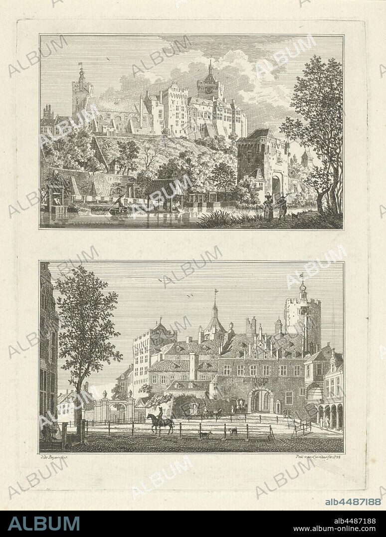 Schwanenburg in Kleve Village and townscapes in Kleve (series title), Two representations of one album. Two views of Schwanenburg in Kleve, seen from the Kermisdahl (above) and from the city (below). The print is part of a 100-part series with views of villages and towns in Kleve, landscape with tower or castle, Zwanenburcht, Paulus van Liender (mentioned on object), 1758, paper, etching, h 203 mm × w 152 mm.
