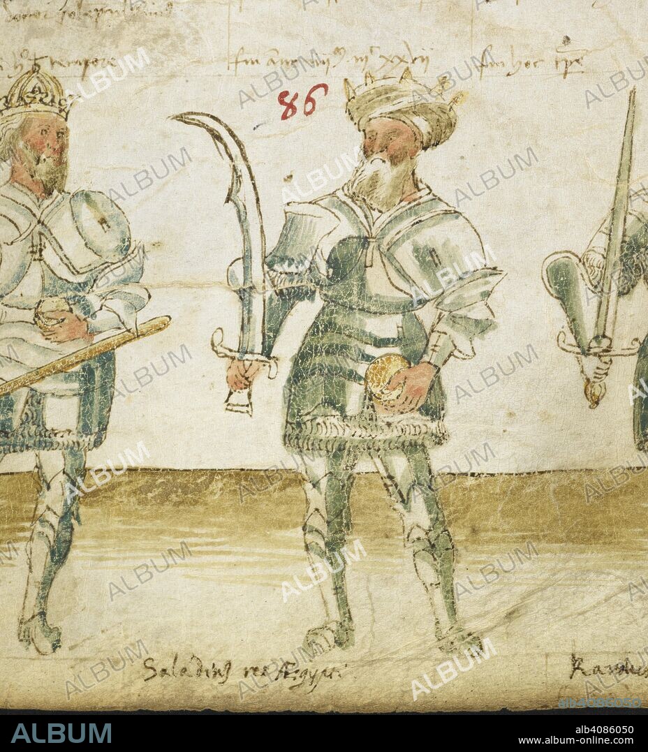 [Detail from roll] Sixth age; No. 86. Illustration of Saladin, holding a scimitar. The Six Ages of the World. Italy; 15th century. Source: Add. 30359. Language: Latin.