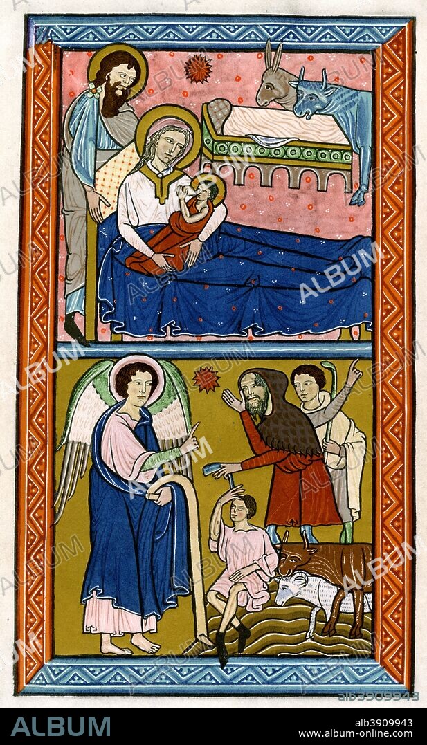 The Nativity and the Annunciation to the Shepherds, early 13th century. Illustration from School of Illumination, Reproductions from Manuscripts in the British Museum, Part II, English 12th and 13th centuries, (British Museum, Messrs, Longmans, Green and Co, London, 1915).