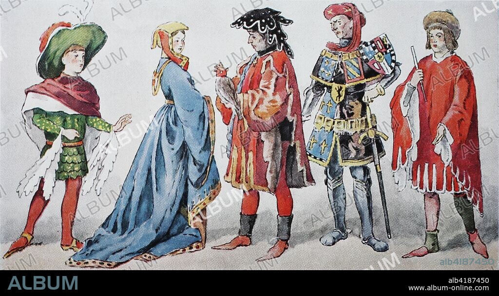 Clothing, fashion in France, Burgundian fashion from 1425-1490, costumes at court, from the left, young gentleman in half-length lap jacket, lady in a long dress, hawk-hunters in heavy, open-sided Hoike, Duke Philip the Good of Burgundy and a noble young man, digital improved reproduction of an original print from the 19th century.
