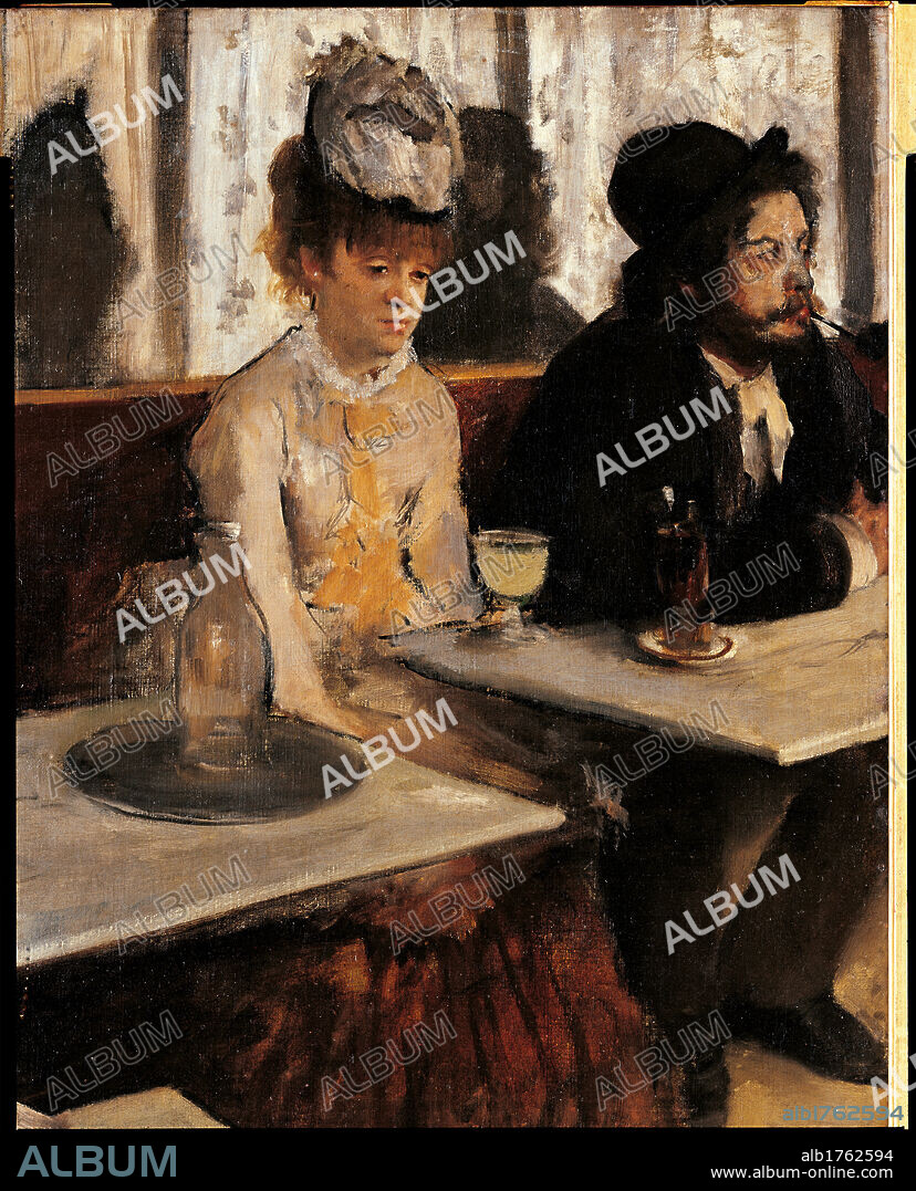 The Absinthe Absinthe drinker, by Edgar Degas, 1876, 19th Century, oil on canvas, cm 92 x 68. France, Ile de France, Paris, Muse dOrsay. Detail. Caf absinthe tables mirror tray young woman bearded man hat headgear glass bottle.