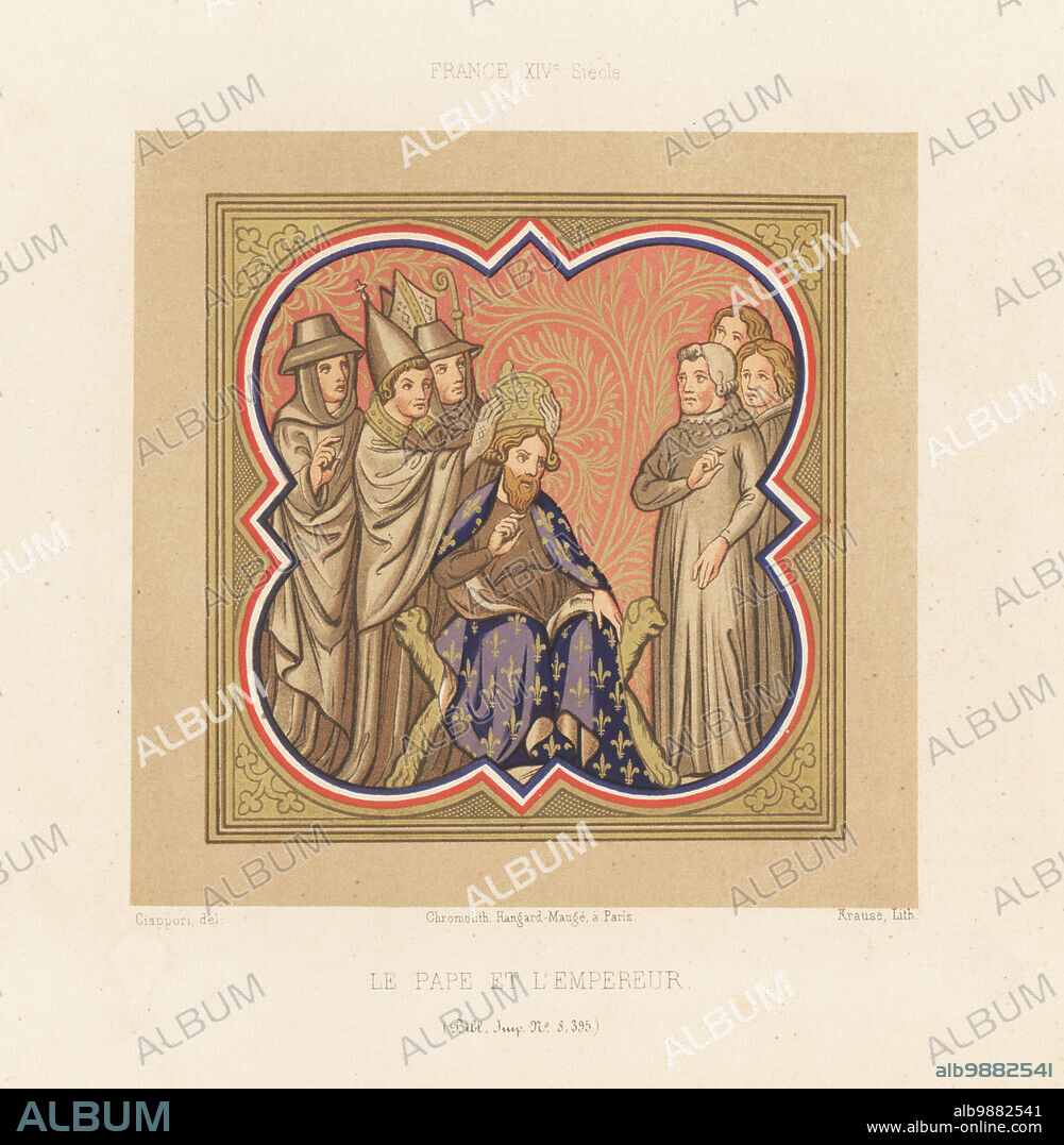 Holy Roman Emperor Charlemagne crowned by Pope Leo III in Saint Peter's Basilica, Rome, Christmas day, 800. Decorated with tricolor and fleurs de lys. Taken from a miniature in Grandes Chroniques de Saint Denis, MS 8395, Bibliotheque Imperiale. Le pape et l'empereur. France XIVe Siecle. Chromolithograph by Krause after an illustration by Claudius Joseph Ciappori from Charles Louandres Les Arts Somptuaires, The Sumptuary Arts, Hangard-Mauge, Paris, 1858.