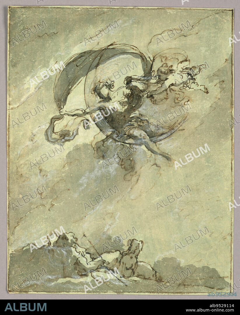 The goddess sitting in the crescent looks down to the sleeping shepherd, whose head lies upon a stone and who is shown from the head. A cupid carrying a vessel flies beside the goddess. Framing line. Date: 1750-1800. Pen and ink, black chalk, brush and gray and olive watercolor, brush and white gouache on paper.