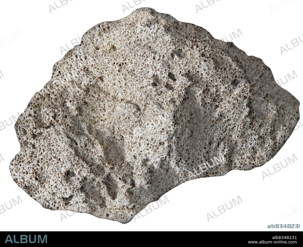 Pumice stone is light and brittle with a spongy texture. It is often used to soften the skin of the feet and hands. This igneous rock is riddled with tiny air pockets because the lava that formed it was full of gases. Pumice is so light that it can do what no other rock can: float on water!.