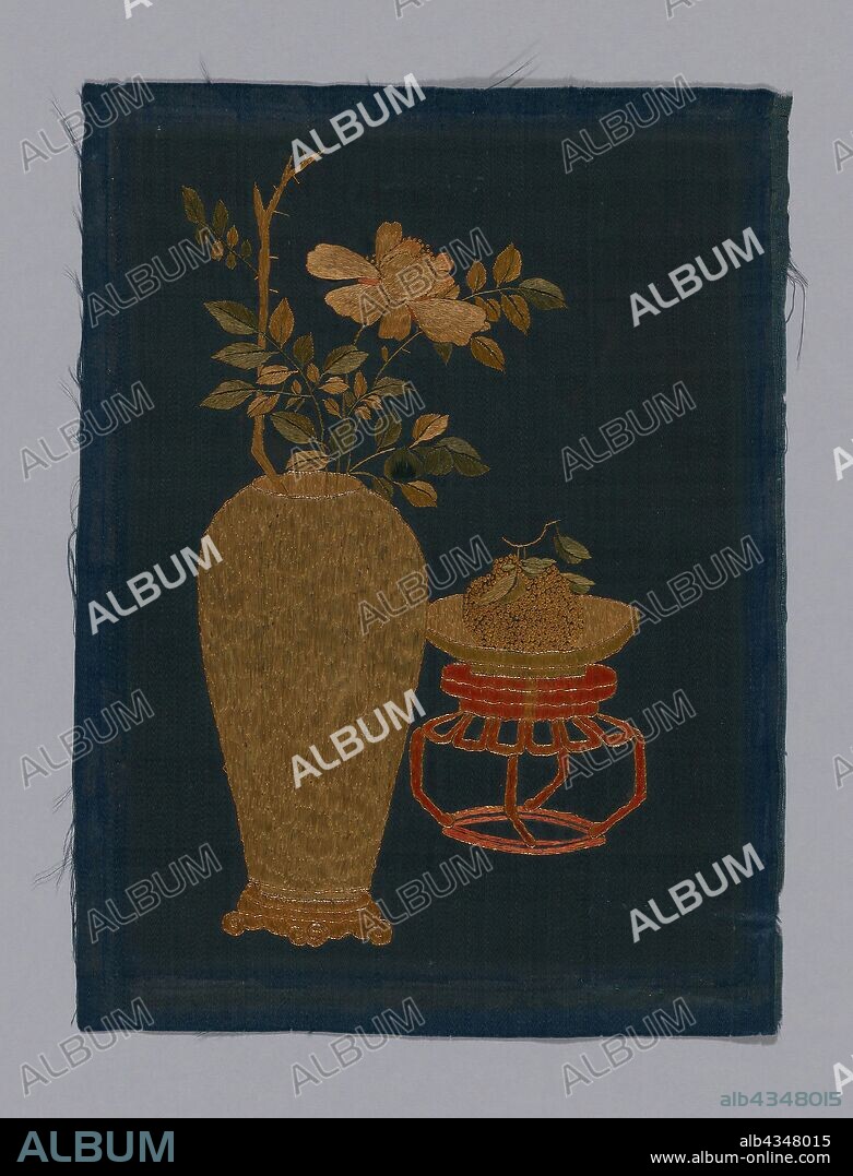 Panel (Furnishing Fabric), Kangxi Period, Qing dynasty (1644–1911), 1800/50, China, One of four panels. Of dark green satin embroidered in colored silks. Has two panels of figures and one of flowers. Borders of modern red cloth with design of fret in couched gold cord., 25.9 × 19.2 cm (10 1/4 × 7 5/8 in.).