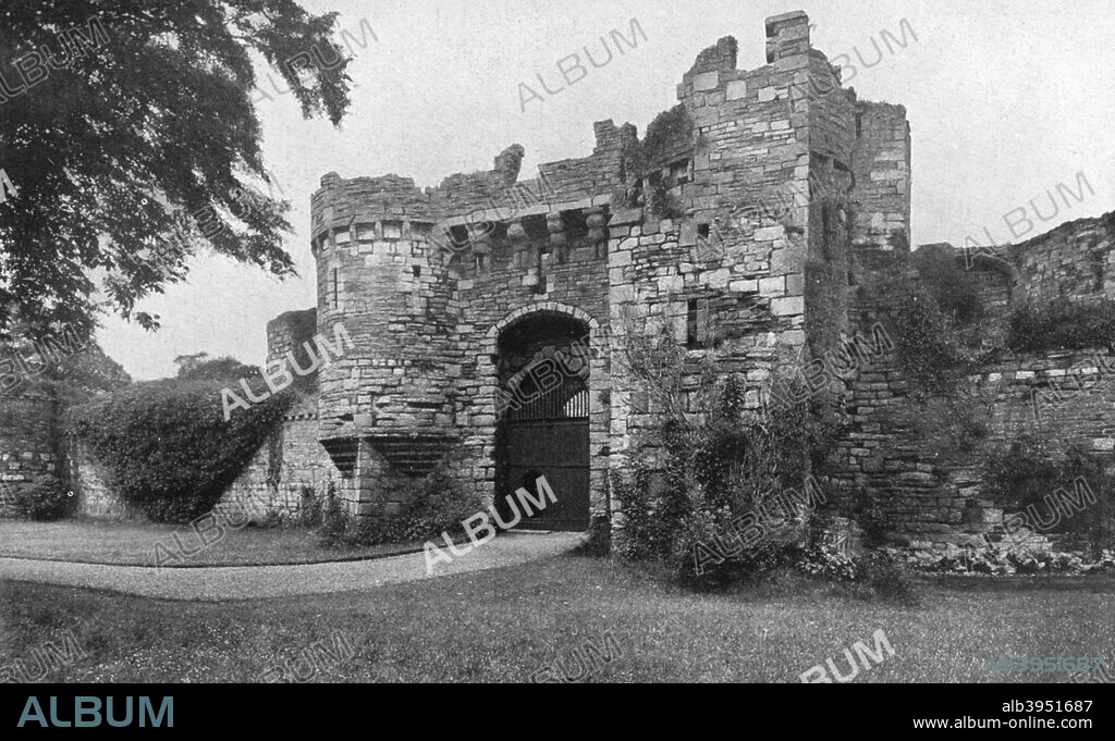 Gateway to Beaumaris Castle, Anglesey, Wales, 1924-1926. Beaumaris was the last of Edward I's ring of castles built during his campaign to suppress the Welsh. The castle is regarded as the crowning achievement of Edward's castle architect, James of St George, and as the most architecturally perfect British castle. A print from Hutchinson's Britain Beautiful, edited by Walter Hutchinson, volume I, 1924-1926.