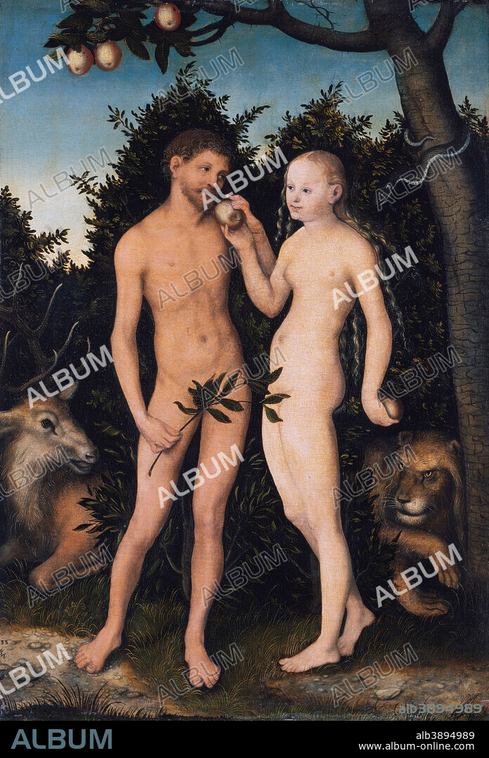 LUCAS CRANACH EL VIEJO. Adam und Eva im Paradies (Sündenfall) / Adam and Eve in paradise (The Fall). Date/Period: 1533. Painting. Oil on beech wood. Height: 50.4 cm (19.8 in); Width: 35 cm (13.7 in).