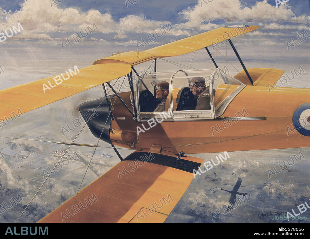 De Havilland DH.82 Tiger Moth basic trainer biplane from the 1930's. Gouache and watercolor painting.