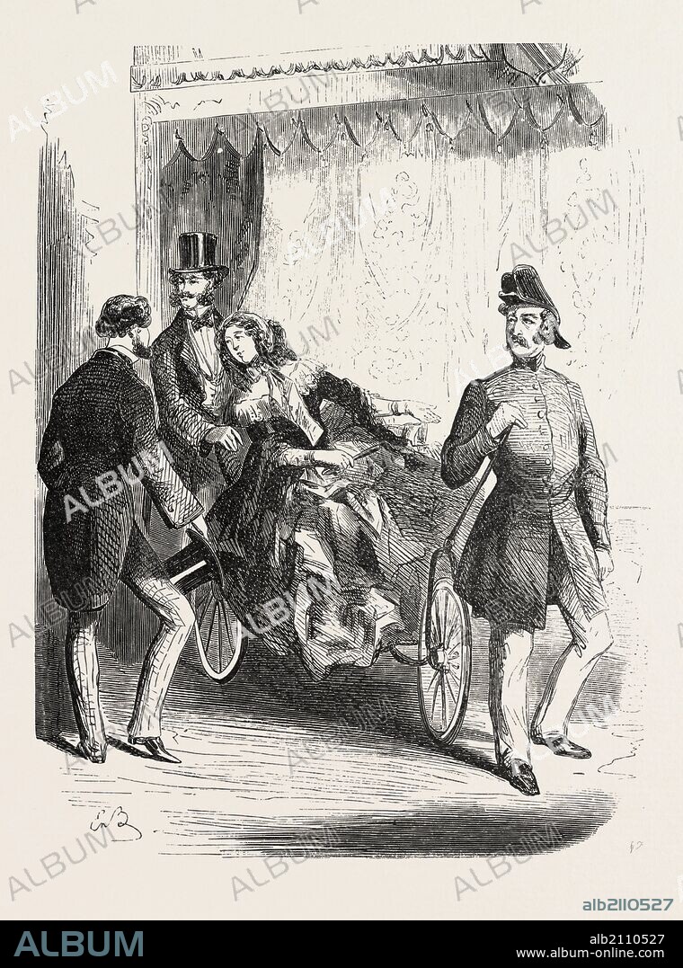 Expo 1855. Wheelchairs. Paris, France, Exposition universelle. An international Exhibition held on the Champs-Elysees in 1855, consisting of an industrial and an beaux Arts exposition. Engraving.