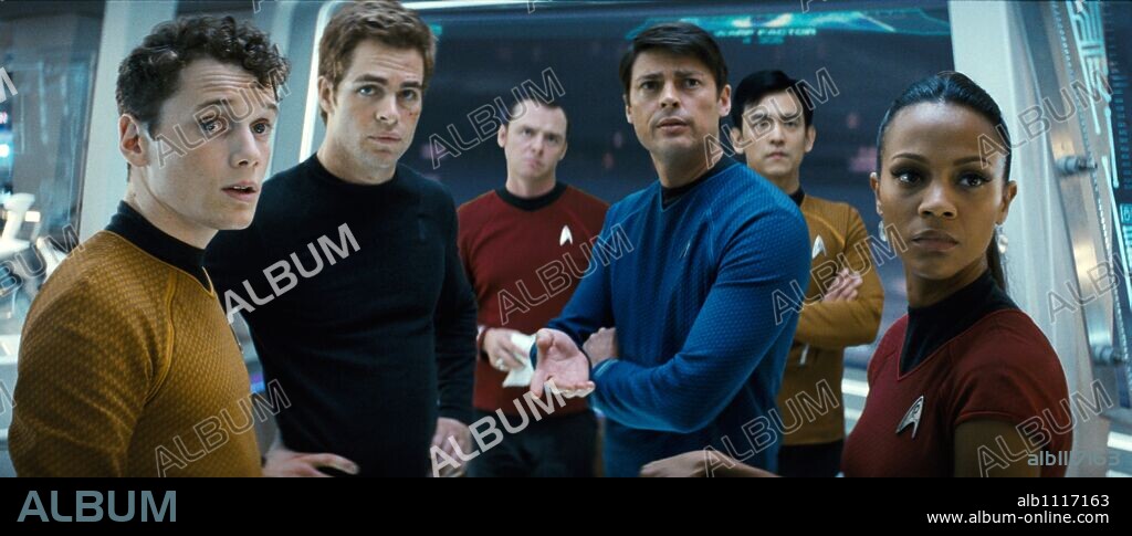ANTON YELCHIN, CHRIS PINE, JOHN CHO, KARL URBAN, SIMON PEGG and ZOE SALDANA in STAR TREK, 2009, directed by J. J. ABRAMS. Copyright PARAMOUNT PICTURES.
