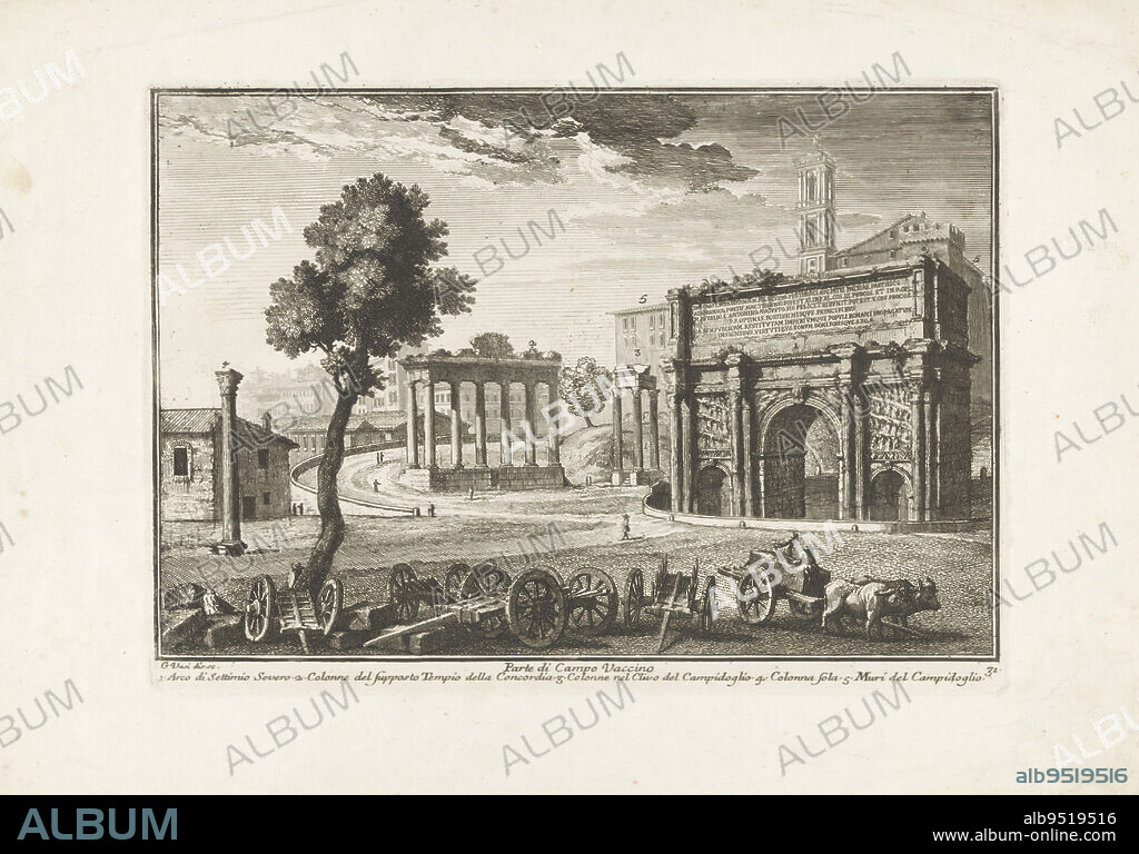 View of the Roman Forum (then known as Campo Vaccino) with the Arch of Septimius Severus and the remains of the Temple of Saturn (confused on the print with the remains of the Temple of Concordia). Numbered lower right: 31. Title and explanatory list of numbers in lower margin. Arch of Septimius Severus and Temple of Saturn Parte di Campo Vaccino Delle Magnificenze di Roma Antica e Moderna , print maker: Giuseppe Vasi, (mentioned on object), Giuseppe Vasi, (mentioned on object), Italy, 1747 - 1761, paper, etching, h 215 mm × w 303 mm.