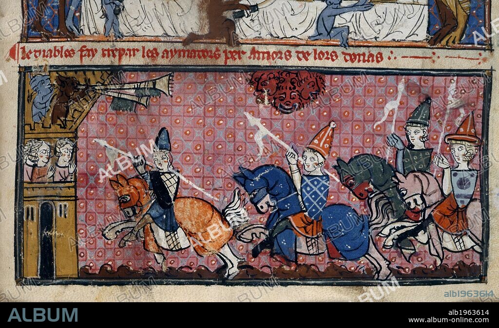 MATFRE ERMENGAUD. The temptations of lovers. A crowd at a joust. Courtly life. Pomp, banquets, and tournaments. Jousting horsemen. Cavalry.  . Breviari d'Amor. France. 1st quarter of the 14th century. Source: Royal 19 C. I f.204. Language: French.