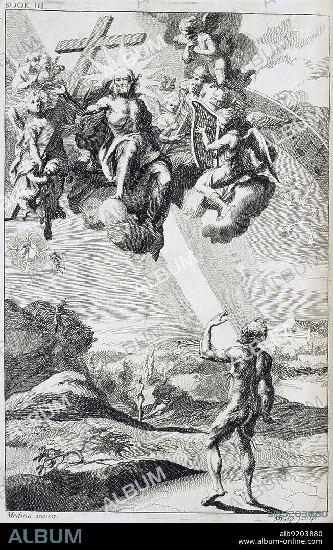 Entitled: "Paradise lost. A poem in twelve books. The authour John Milton. The fourth edition, adorn'd with sculptures. Printed by Miles Flesher, for Jacob Tonson, at the Judge's-Head in Chancery-lane near Fleet-street, 1688." Paradise Lost is an epic poem in blank verse by English poet John Milton. It was originally published in 1667 in ten books, with over ten thousand individual lines of verse. A second edition followed in 1674, redivided into twelve books (much like Virgil's Aeneid) with minor revisions. Most of the poem was written while Milton was blind, and was transcribed for him. The poem concerns the Biblical story of the Fall of Man: the temptation of Adam and Eve by the fallen angel Satan and their expulsion from the Garden of Eden. Book III: Milton asks that the heavenly light shine inside him and illuminate his mind with divine knowledge so that he can share this knowledge with his readers.