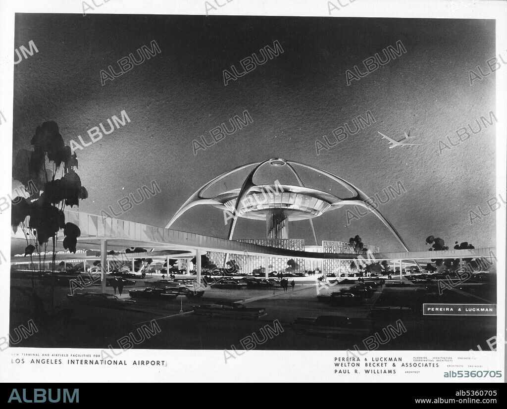The Theme Building at Los Angeles International Airport, as shown here in a rendering by design architects Pereira & Luckman, was envisioned as a distinctive space-age structure of crossed arches that resembled a space ship. The building was completed in 1961, Los Angeles, CA, 1958. (Photo by Jack Kennett/National Archives and Records Administration/GG Vintage Images).