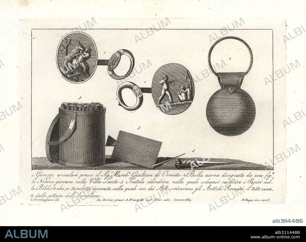Cameo rings with Pan and archer, golden bauble from a figure of a young Nero in the Villa Lante 2, cylindrical box to store papyri in a library 3, and a waxed tablet and stylus, writing tools of the Ancient Romans, from a painting in Herculaneum 4. Copperplate engraving by Pietro Ruga after an illustration by Lorenzo Rocceggiani from his own 100 Plates of Costumes Religious, Civil and Military of the Ancient Egyptians, Etruscans, Greeks and Romans, Franzetti, Rome, 1802.