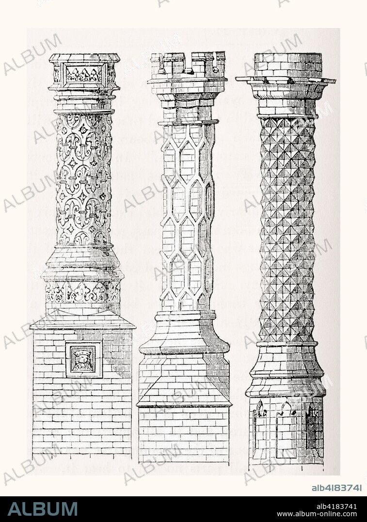 Ornamental brick chimneys, from left to right, East Barsham manor house, Hampton Court Palace, Eton College.  From Old England: A Pictorial Museum, published 1847.