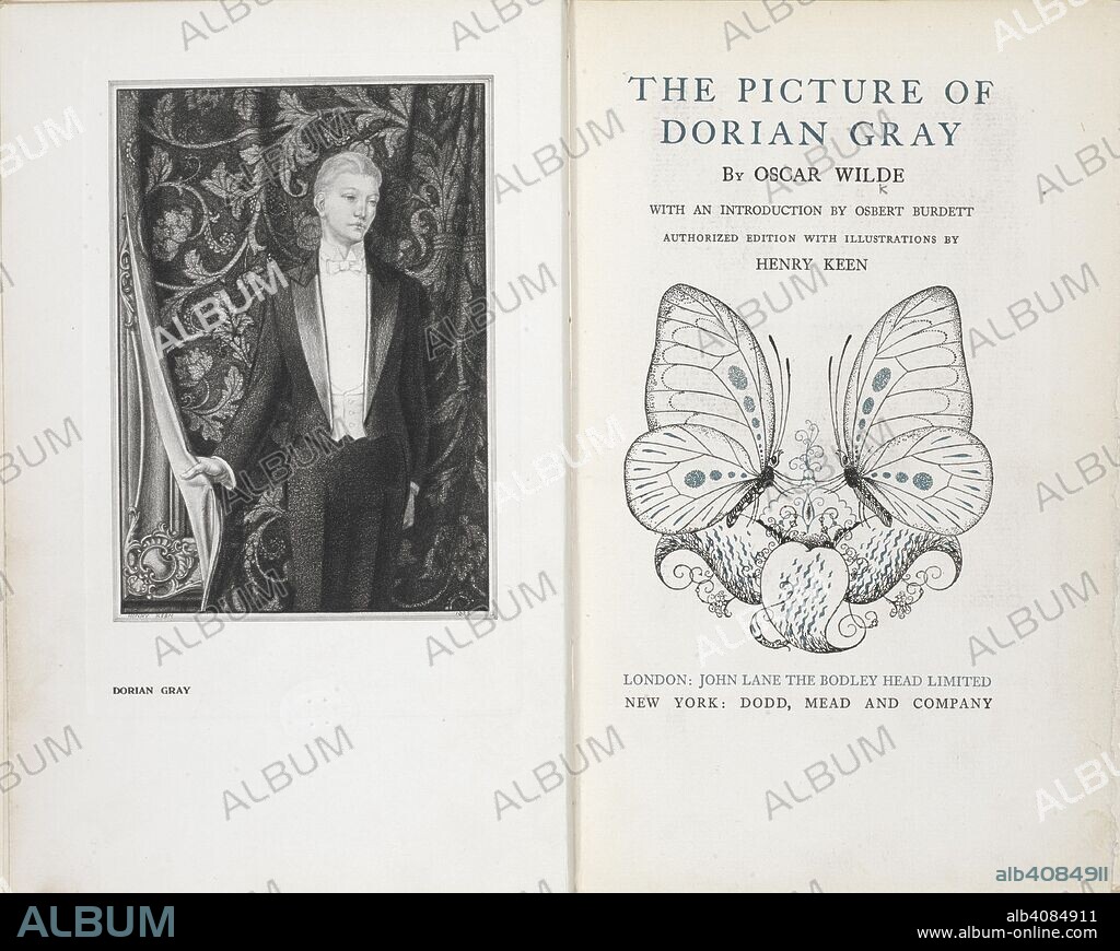 OSCAR FINGAL O'FLAHERTIE WILLS WILDE and HENRY KEEN. A portrait of Dorian Gray and the tiel page, illustrated with a butterfly. The Picture of Dorian Gray/ By Oscar Wilde ; with an introduction by Osbert Burdett ; authorized ed. with illustrations by Henry Keen. London: John Lane The Bodley Head; New York: Dodd, Mead and Co., 1925 Bungay, Suffolk: Richard Clay & Sons. Source: 012634.n.52 frontispiece and title page.