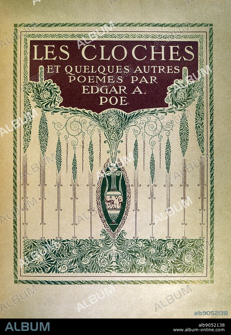 Coloured illustration on the decorative front cover; Edgar Allan Poe (1809-1849), from an edition of The Clocks and Other Poems (1913), illustrated by Edmund Dulac (1882-1953), a French British naturalised magazine and book illustrator.