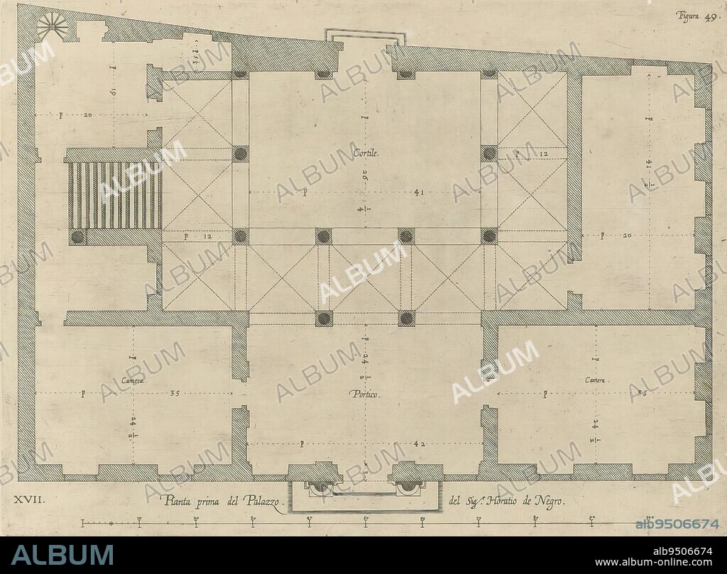 Map of the first floor of the Palazzo Ambrogio Di Negro at Genoa, Pianta prima del Palazzo del sigr. Horatio de Negro (title on object), This print is part of an album., print maker: Nicolaes Ryckmans, publisher: Peter Paul Rubens, Spaanse kroon, Antwerp, 1622, paper, engraving, height 248 mm × width 335 mm, height 583 mm × width 435 mm.