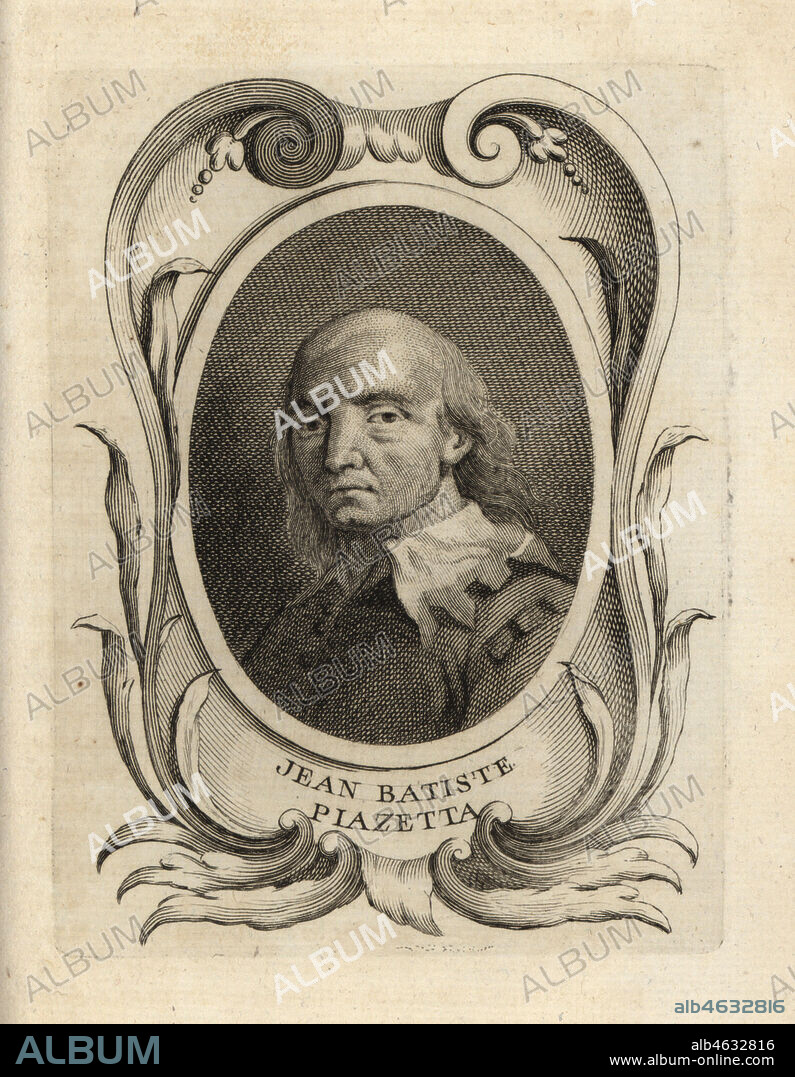 Portrait of Giovanni Battista Piazzetta, Italian Rococo painter 1682-1754. Jean Batiste Piazetta. Copperplate engraving after Giovanni Marco Pitteri from Antoine-Joseph Dezallier dArgenvilles Abrege de la vie des plus fameux peintres, Lives of the most Famous Artists, de Bure lAine, Paris, 1762.
