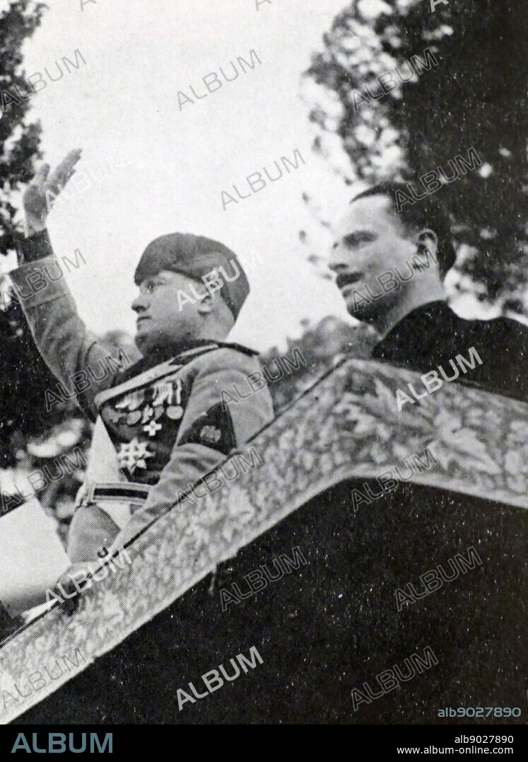 Photograph of Benito Mussolini with David Lloyd George. Benito Mussolini (1883-1945) an Italian politician, journalist and leader of the National Fascist Party, ruling as Prime Minister of Italy. David Lloyd George (1863-1945) a British Liberal politician and former Chancellor of the Exchequer. Dated 20th Century.