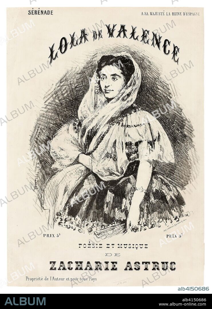 EDOUARD MANET. Lola de Valence. Édouard Manet (French, 1832-1883); composed by Zacharie Astruc (French, 1835-1907); printed by Lemercier et Compagnie (French, 19th century). Date: 1863. Dimensions: 241 × 212 mm (image); 342 × 241 mm (sheet, folded); 342 × 483 mm (sheet, unfolded). Lithograph in black on light gray wove paper. Origin: France.