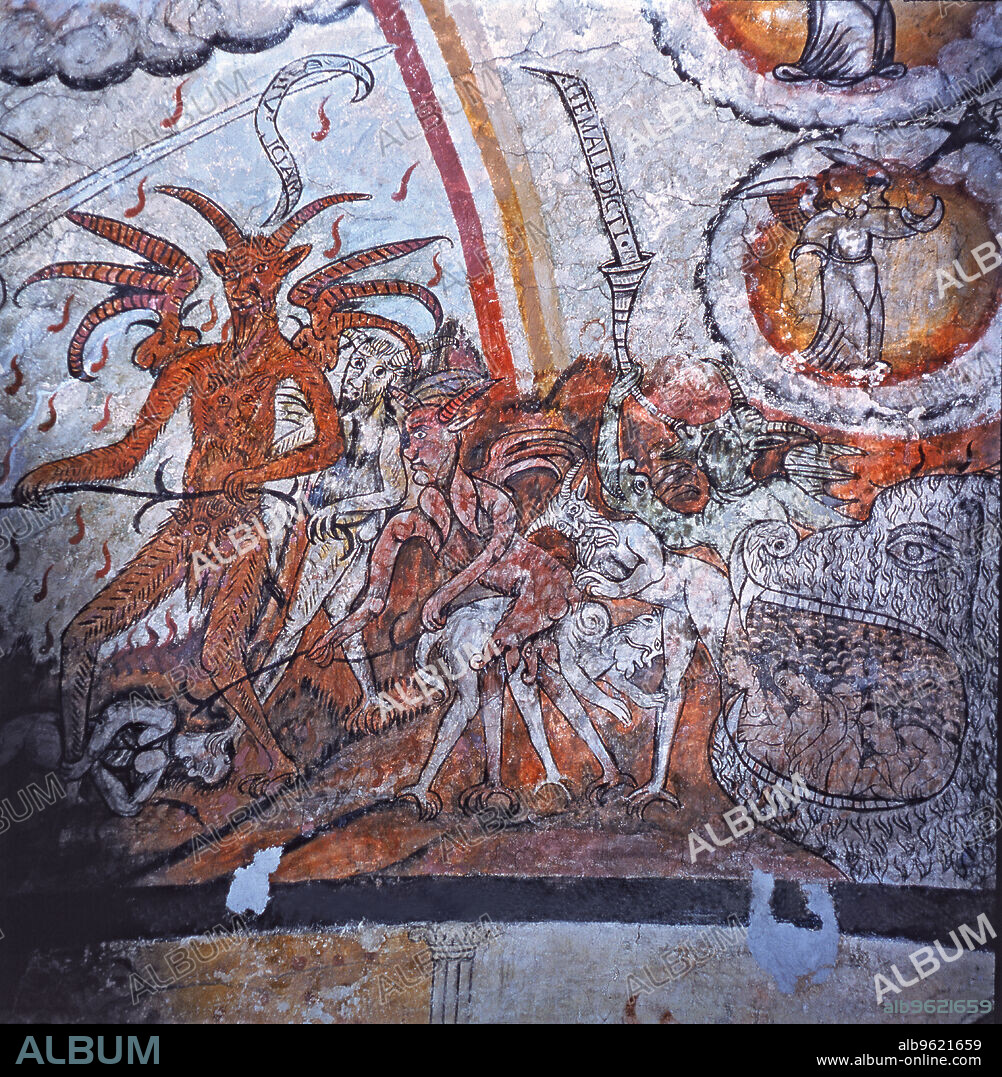 'The Last Judgement', 1599, detail of Lucifer dragging the souls of the damned to hell, mural painting on the apse of iglesa San Juan Bautista de Toledo of Nata'.
