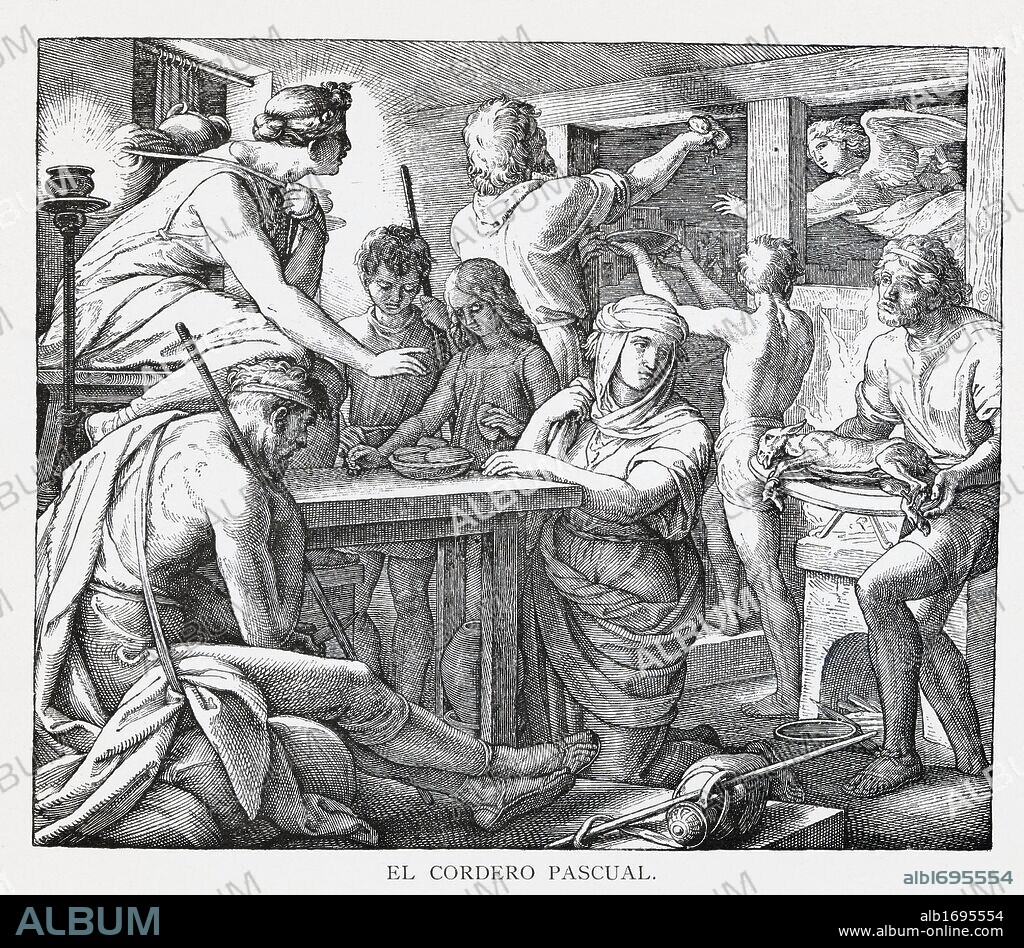 EL CORDERO PASCUAL. Grabado de 1889. Álbum de Historia Sagrada (La Santa Biblia en imágenes). Dibujo de Julio Schnorr de Carolsfeld.