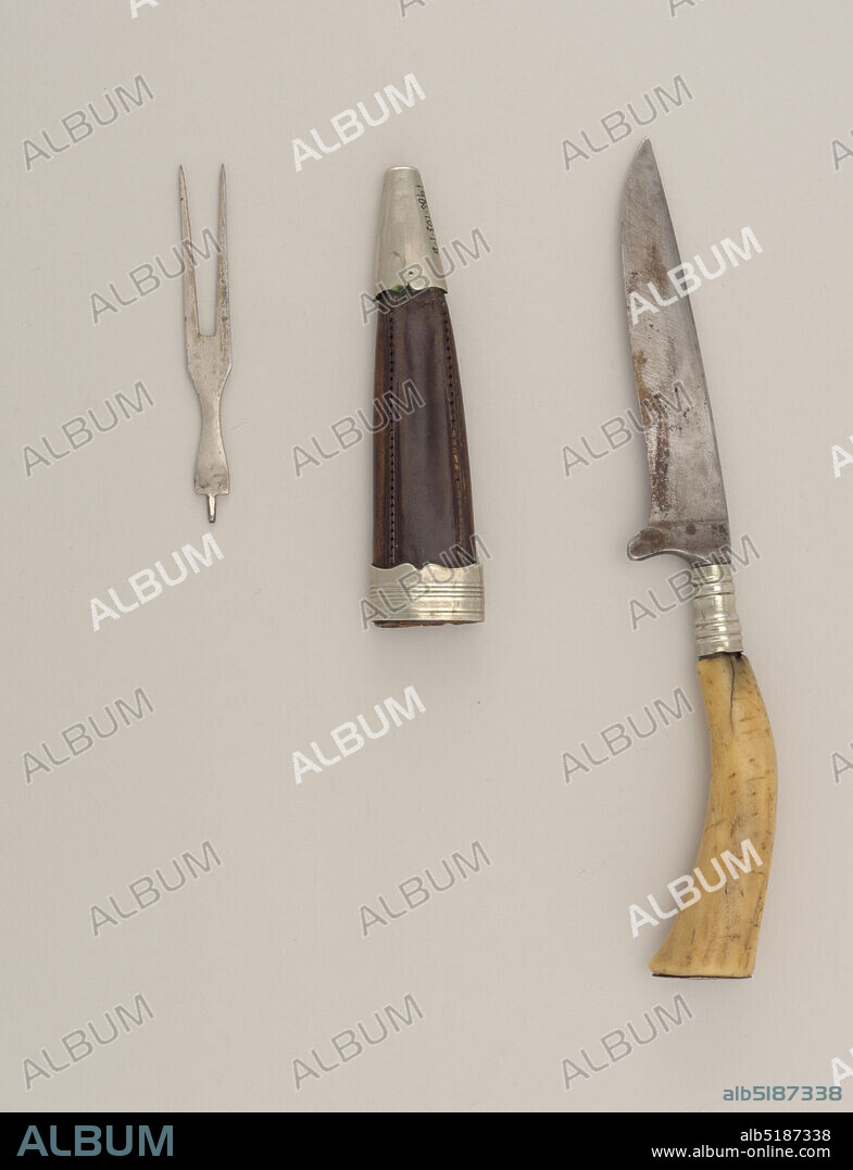 Fork tines, knife, sheath or fork handle, Antler, nickel-plated metal, steel, leather, Set consisting of: knife (a) with blade having straight top edge and cutting edge tapered to a point, mounted on curved bone handle with baluster ferrule and metal end. Tapered stitched leather sheath (b) with metal tip guard and reeded metal end collar to hold knife and two-pronged fork (c) with short neck and tapered pin. Sheath's tip guard fitted with screw pocket to accept fork pin and become fork's handle., probably Austria, ca. 17801820, cutlery, Decorative Arts, Fork tines, knife, sheath or fork handle.